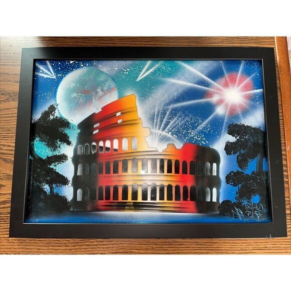2015 Framed Signed Original Disco Graffiti Pop Mixed Media Art - Roman Colosseum - Picture 1 of 12